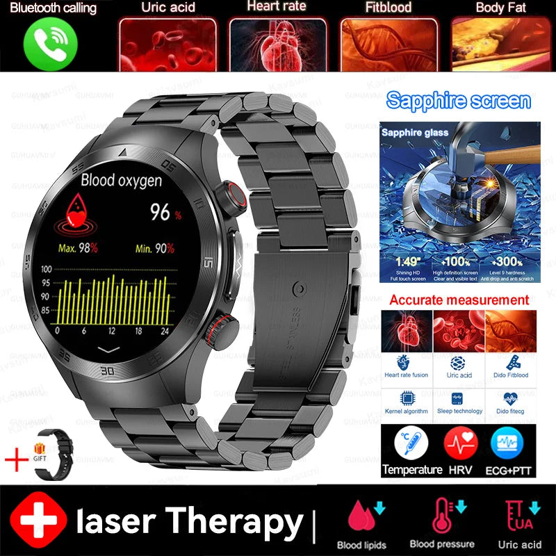 2025 New Non-Invasive Laser Treatment Three High Smart Watch Sapphire screen Blood fat Uric Acid ECG Health Diagnosis