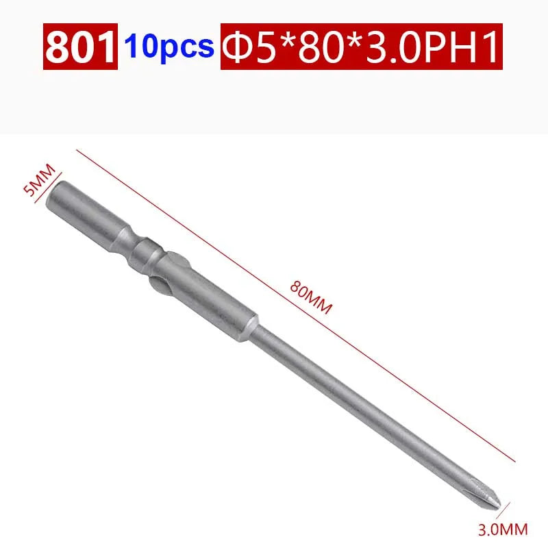 10pcs/lot 801 5mm Round Shank Magnetic Phillips Cross Screwdriver Bits Electric  bits PH0 PH1 PH2 80mm Full Length