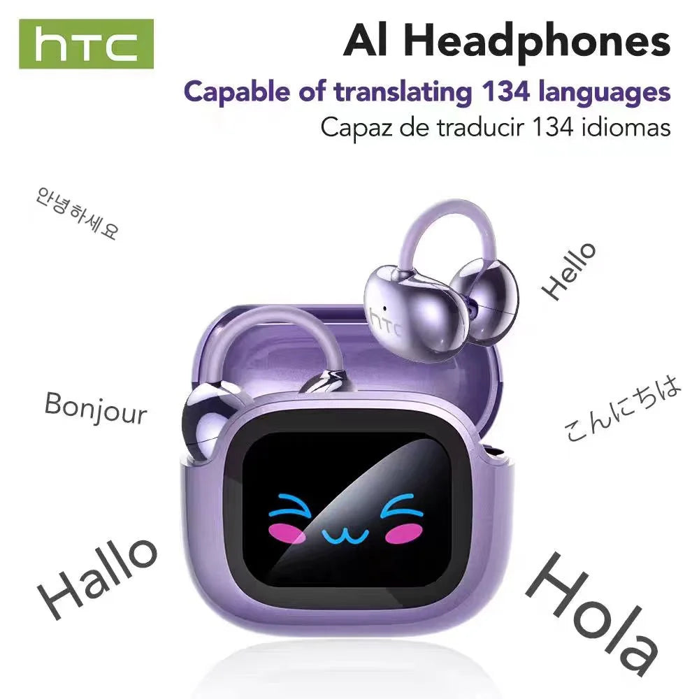 HTC NE32 Bluetooth V6.0 Ear Clip Earphones LCD Touch Screen AI Translator  Noise Reduction Wireless Sports