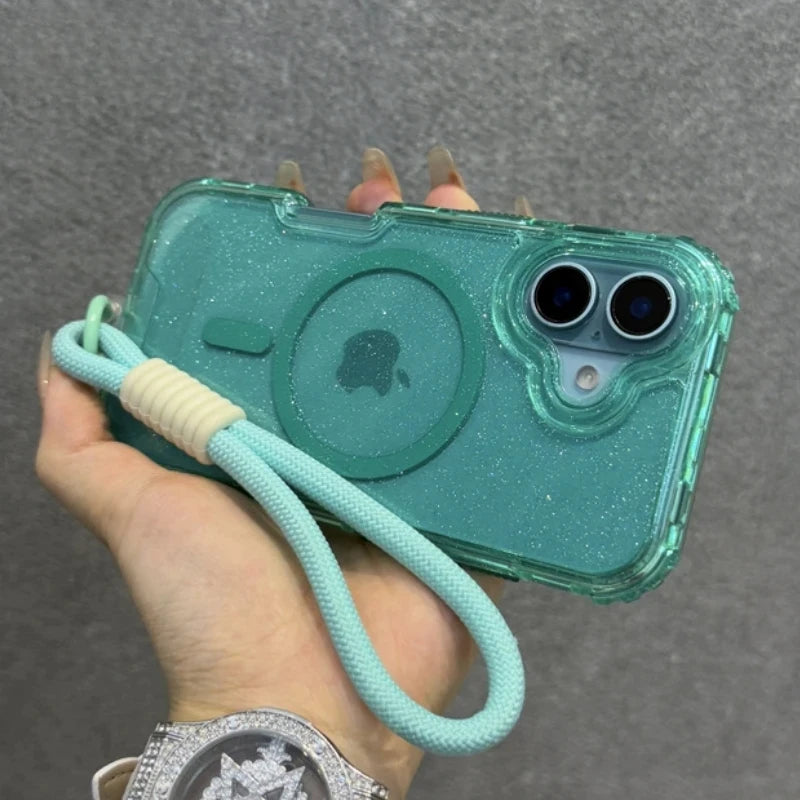 Glitter Transparent Magnetic For Magsafe Case For iPhone 16 15 14 Plus 13 16 Pro Max Wrist Strap Lanyard Shockproof Armor Cover