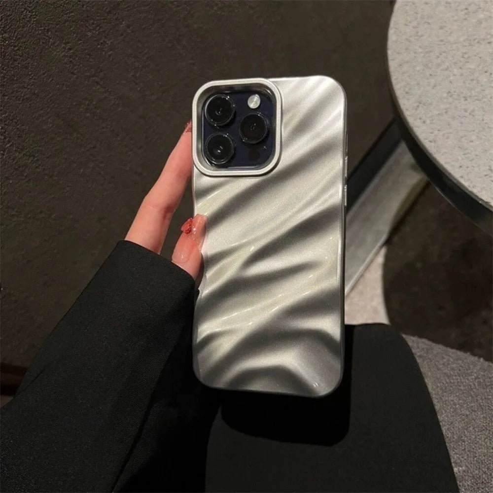 Luxury Plating 3D Wave Pattern Glossy Case For iPhone 16 15 14 13 12 11 17 Pro Max X XS Max XR Plus Fashion Bright Bumper