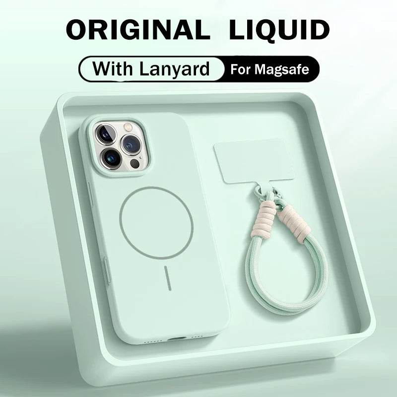 Luxury For Magsafe Magnetic Case For iPhone 15 14 16 Plus 11 12 13 Pro Max 16E Original Liquid Silicone Lanyard Strap Soft