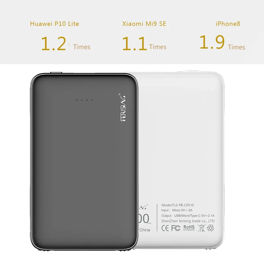FERISING With Cable Power Bank 5000mAh USB Type C Portable Charger External Battery For iPhone Xiaomi Samsung