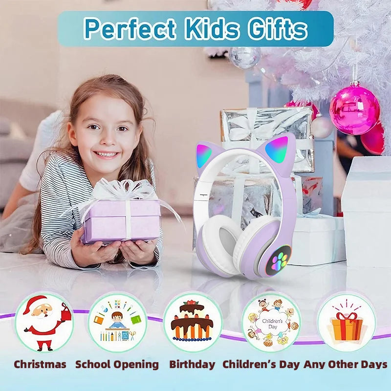 P47M Wireless Headphone Flash Light Cute Cat Bluetooth with Mic Control LED Stereo Music Helmet Phone Bluetooth