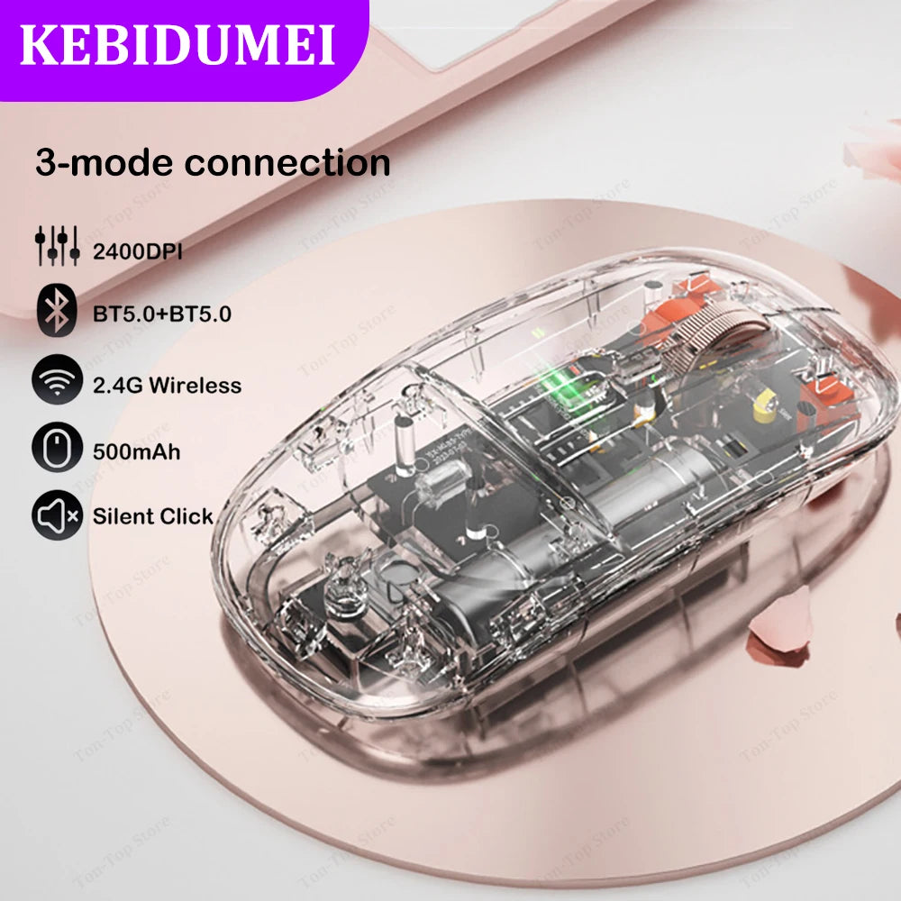 Tri-Mode Transparent Wireless Mouse – Dual Bluetooth & 2.4G, 2400DPI, Silent & Rechargeable