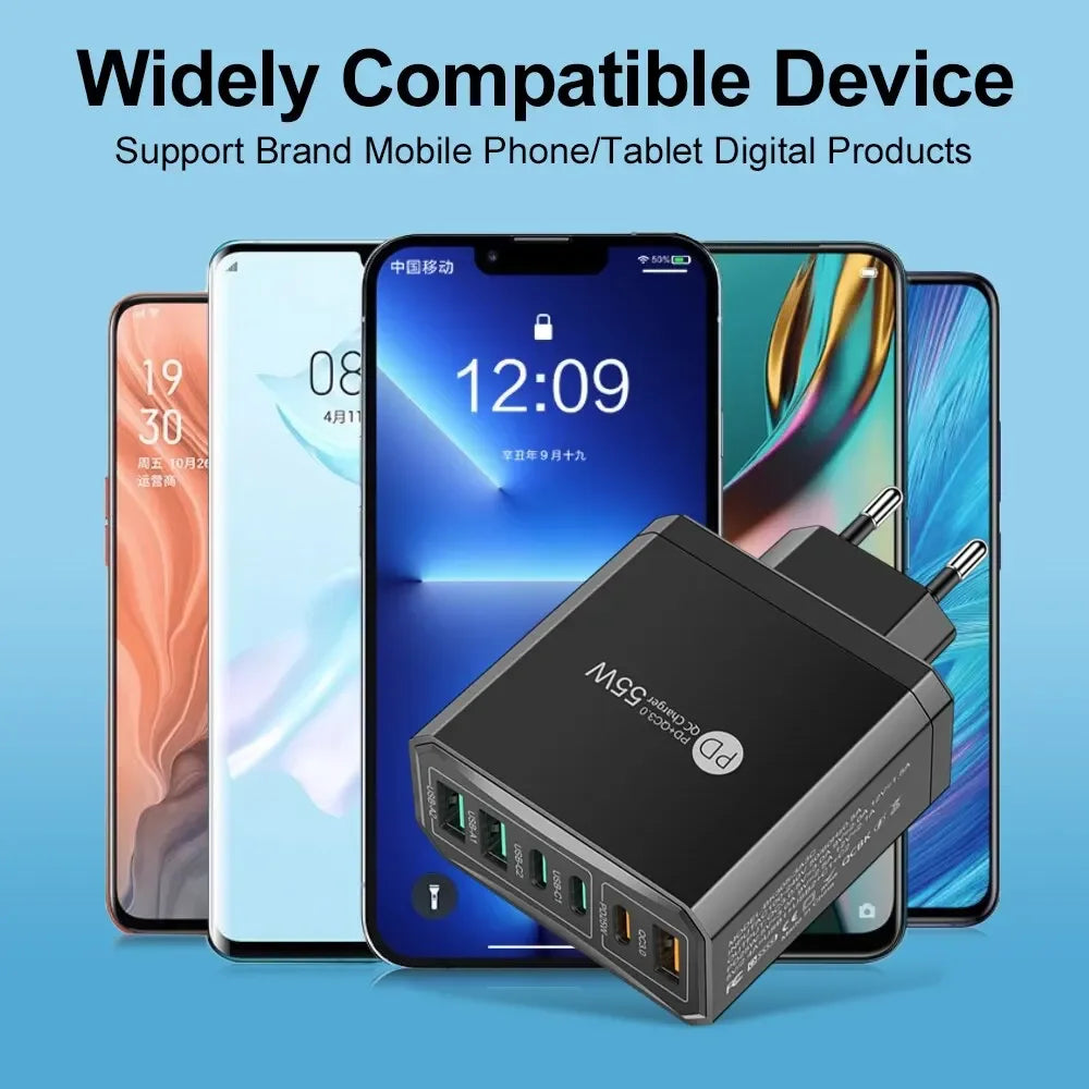 55W PD USB Charger 6 Ports Fast Charging Travel For iPhone Samsung Huawei Xiaomi Mobile Phone Quick 3.0