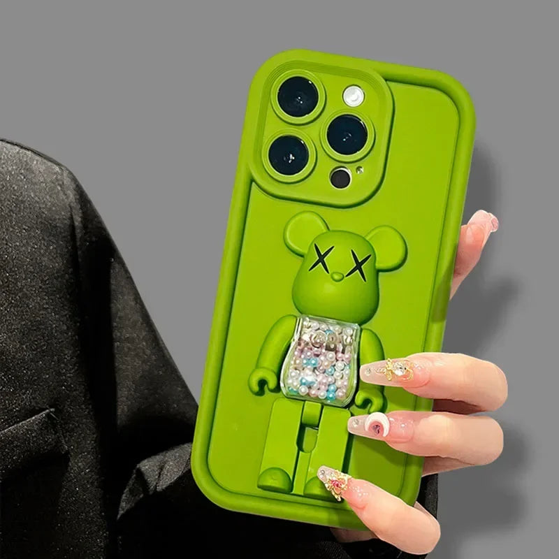 Cute 3D Bear Bracket TPU Phone Case for iPhone 16 15 14 13 12 11 Pro Max XR XS X 8 7 Plus Silicone Shockproof Matte