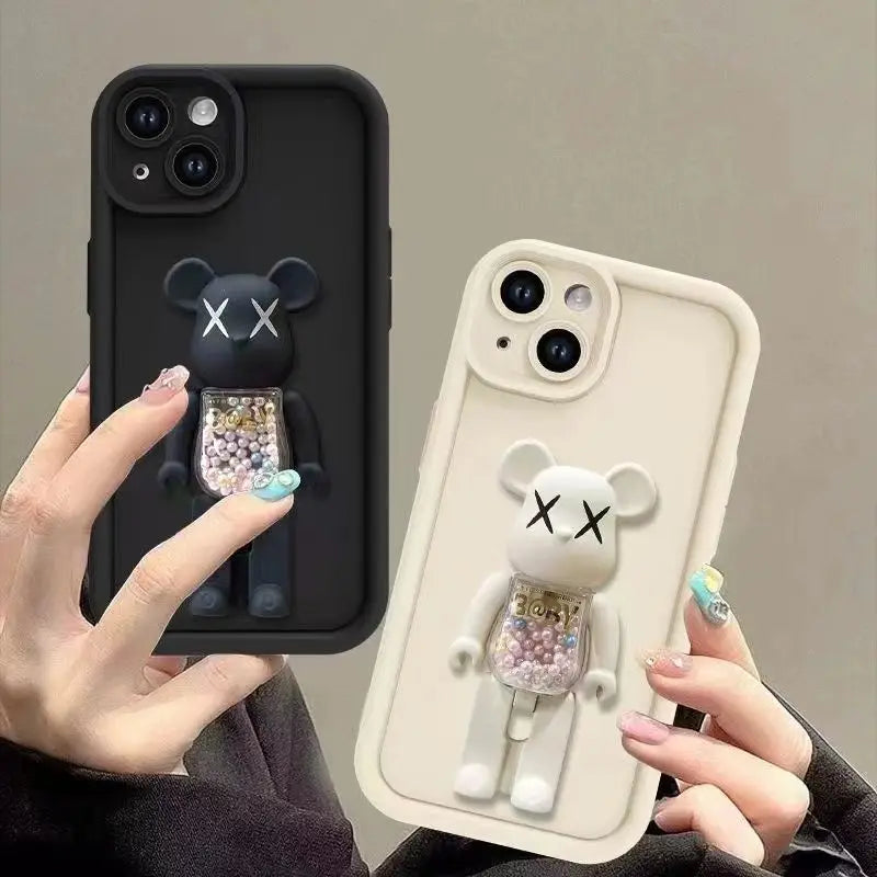 Cute 3D Bear Bracket TPU Phone Case for iPhone 16 15 14 13 12 11 Pro Max XR XS X 8 7 Plus Silicone Shockproof Matte