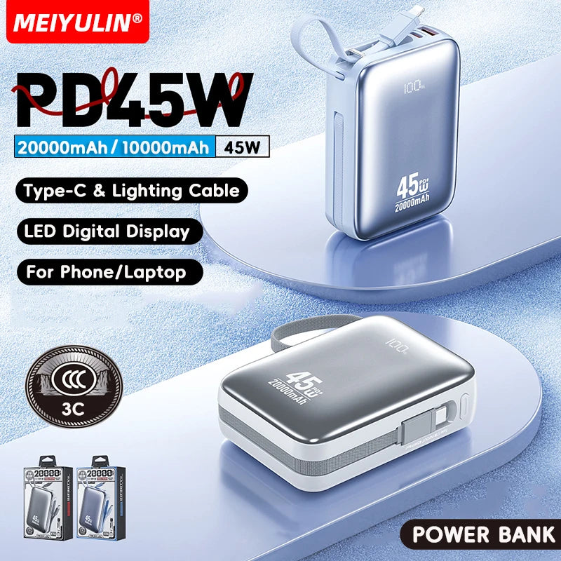 For Laptop 20000mAh 45W Power Bank 10000mAh USB C Cable Fast Mobile External Battery For iPhone Samsung Xiaomi