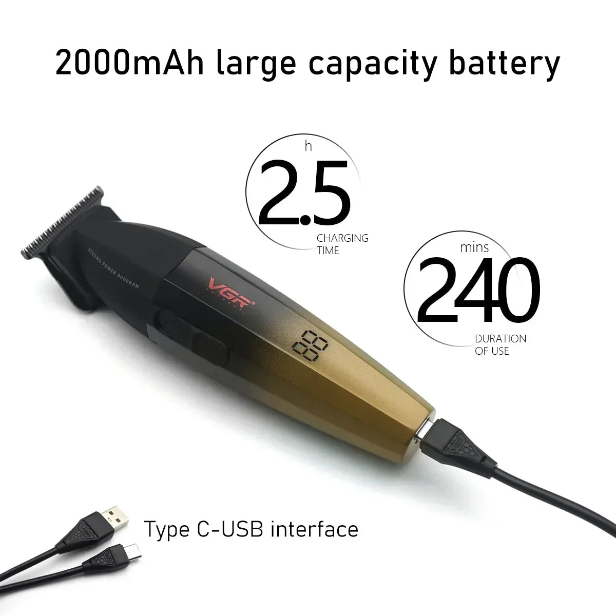 VGR Professional Hair Clipper Kit – DLC Blade, Full Metal Body, LED Display