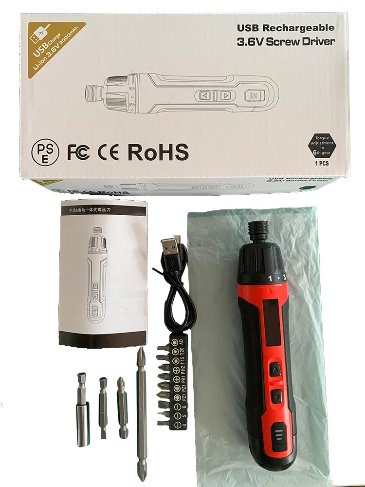6-Speed Torque Cordless Electric Screwdriver Rechargeable 2000mAh Mini Drill 3.6V Power Tools Set Household Maintenance Repair