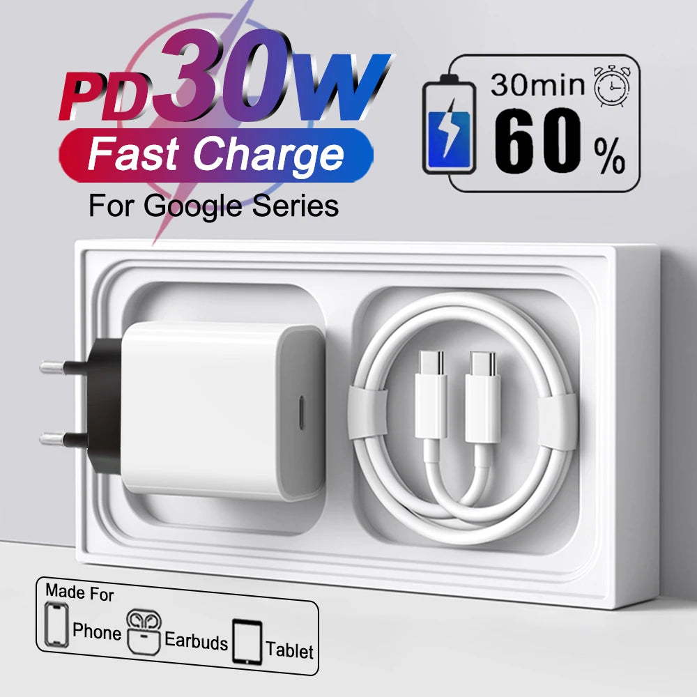Google Original 30W Charger – USB-C Fast Charging Adapter for Pixel 8/7/6/10/9 Pro/XL/9A