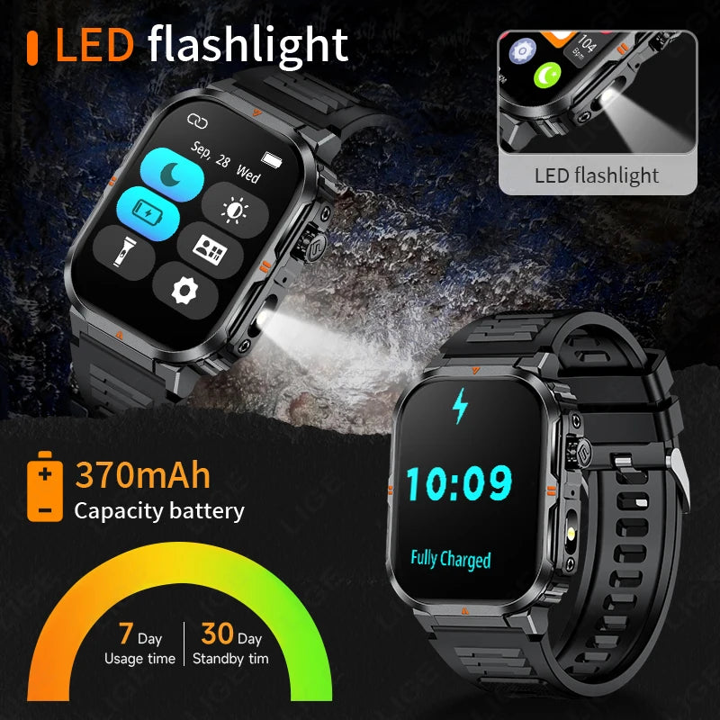 2025 New Professional Sports Smart Watch Men 2.01'' Large Screen Bluetooth Call Flashlight Waterproof Outdoor