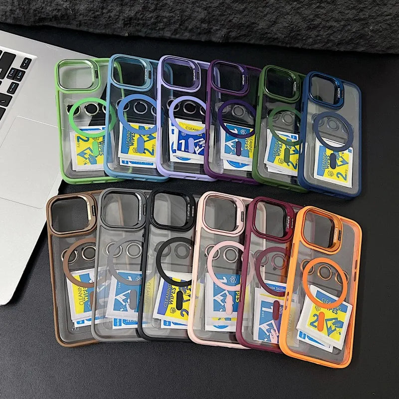 Luxury Magnetic Shockproof Phone Case For iPhone 15 14 13 12 11 16 17 Pro Max Plus 16E Funda Stand Glass Lens Protection