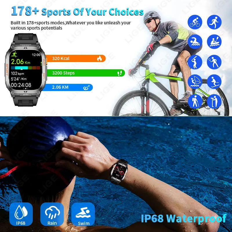 2025 New Men Smart Watch Built-in GPS Compass Outdoor 630mah Large Battery Sports Positioning Flashlight