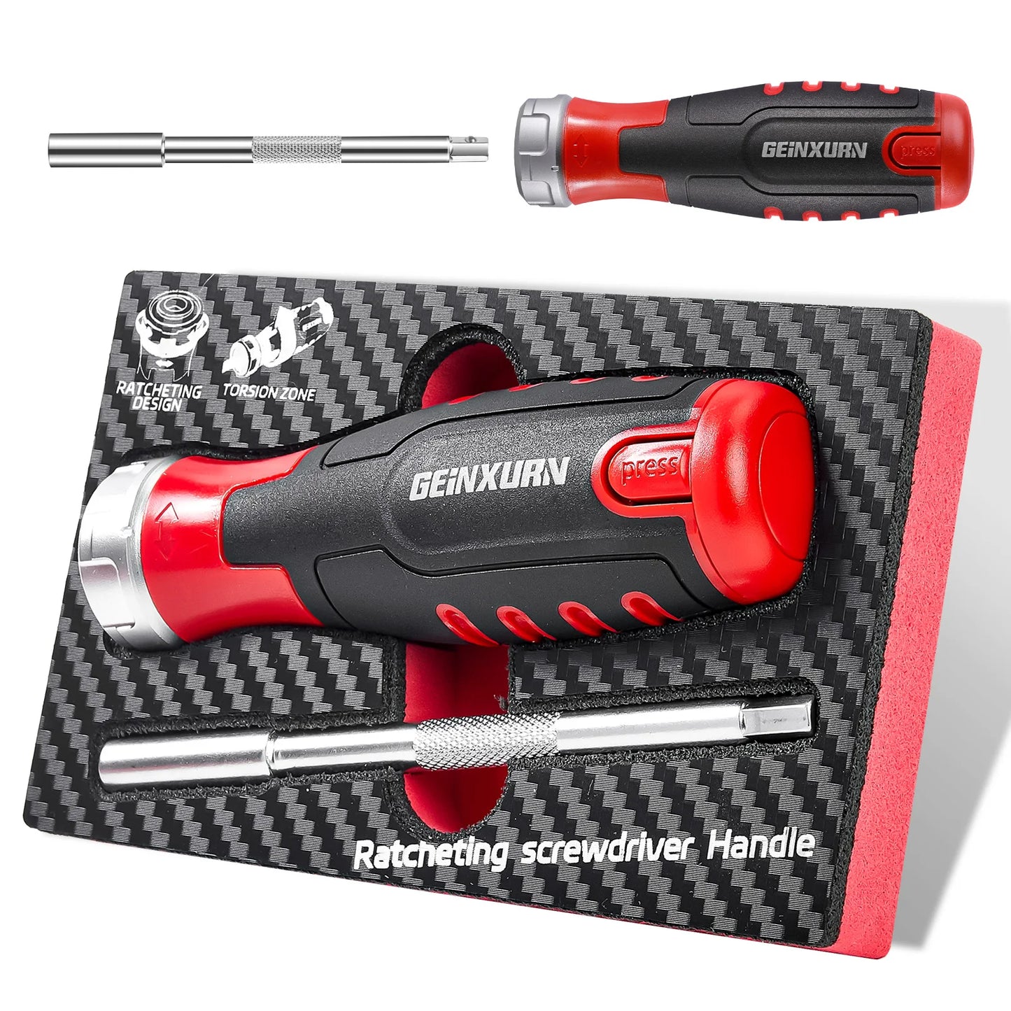 GEINXURN 1-Piece Ratcheting Screwdriver Handle, 12-in-1 Magnetic , Quick-Load,with Eva Foam Storage Tray