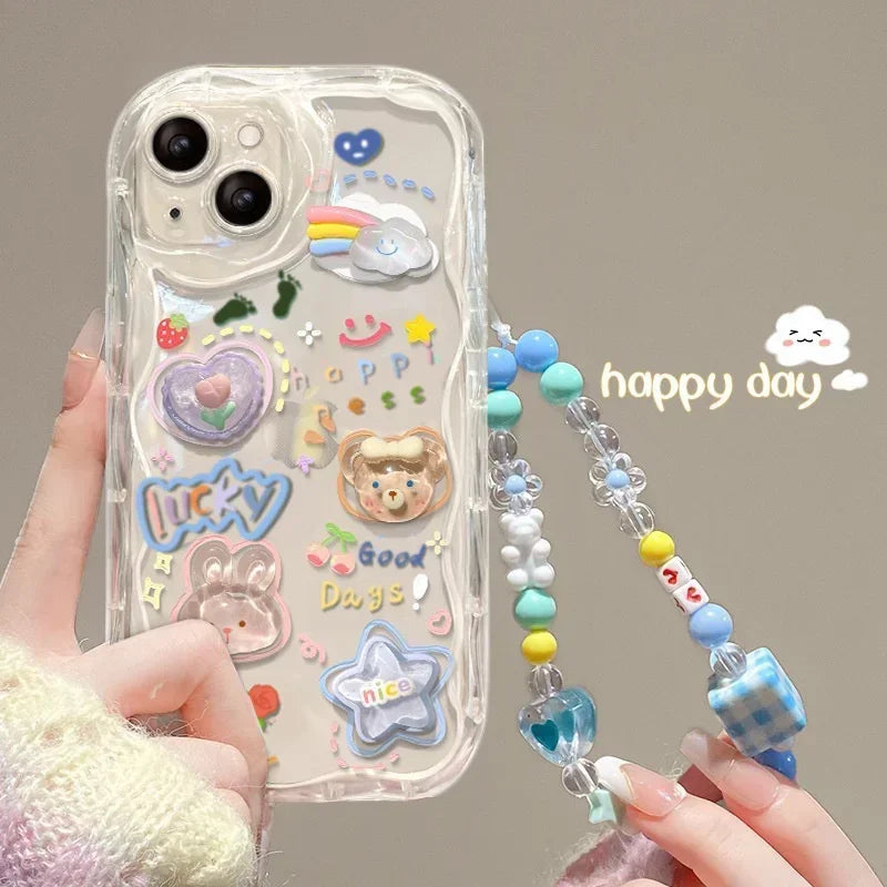 Korean 3D Bear Hang Phone Chain Lanyard Clear Soft Phone Case For iPhone 17 Air 16 15 14 Pro Max 11 13 12 Mini Plus Cute Cover