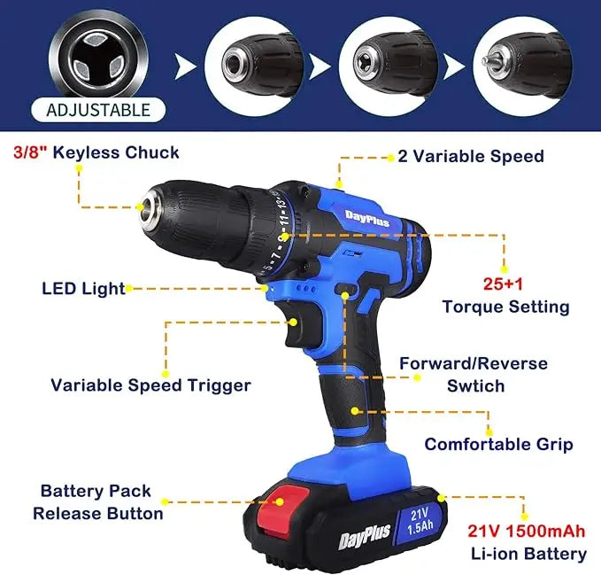 21V Electric Drill Driver Kit – 1 Battery, Charger & 26 Bits