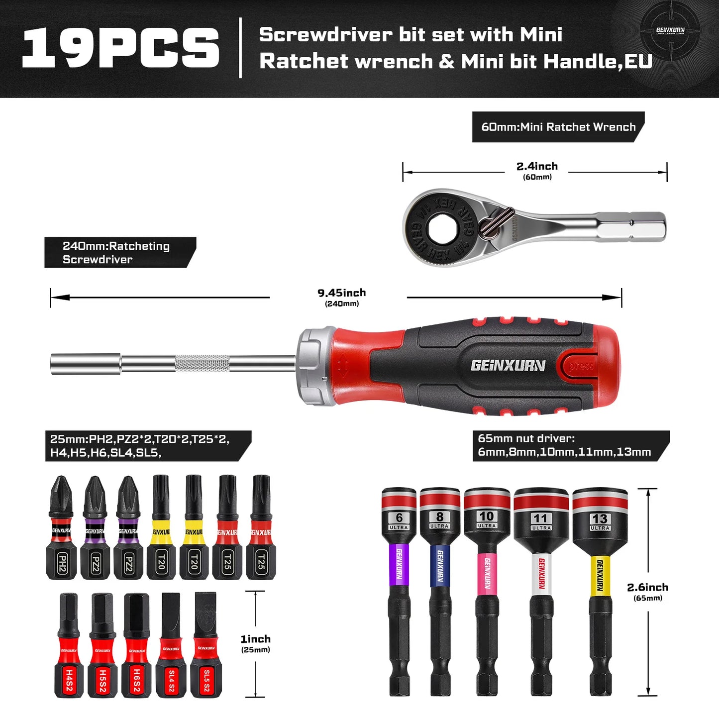 Geinxurn Ratcheting Screwdriver Set, Rachet wrench, Rachet bit Handle and Nut Driver with Mixed Impact S2  Bits