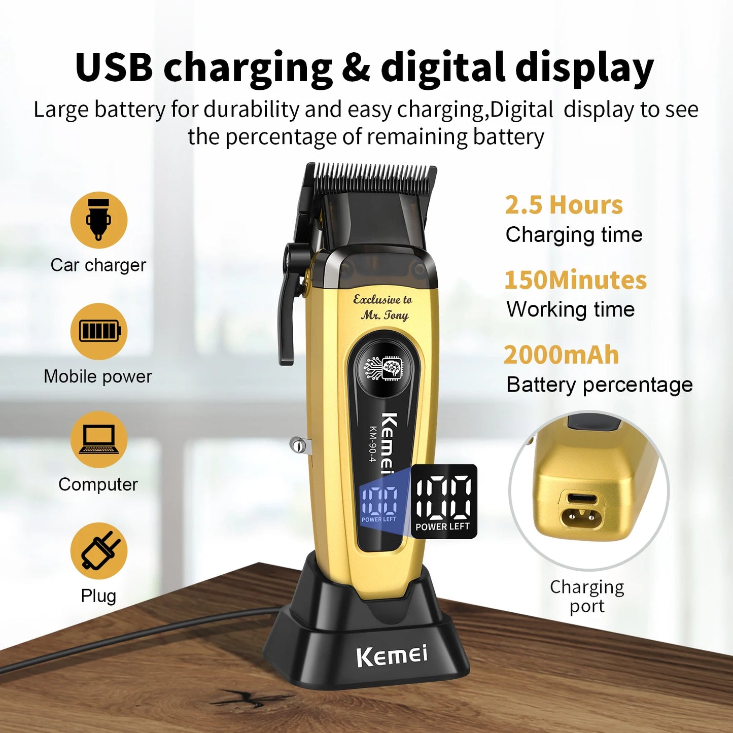 Kemei KM-904 Professional Hair Clipper – 11500RPM, Brushless Motor, DLC Blade