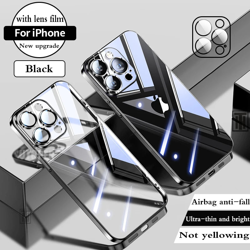 Luxury High Quality Upgrade Plating TPU Soft Case for iPhone 17 Air 16 15 14 13 12 11 Pro Max Plus Clear Lens Film Protect Cover