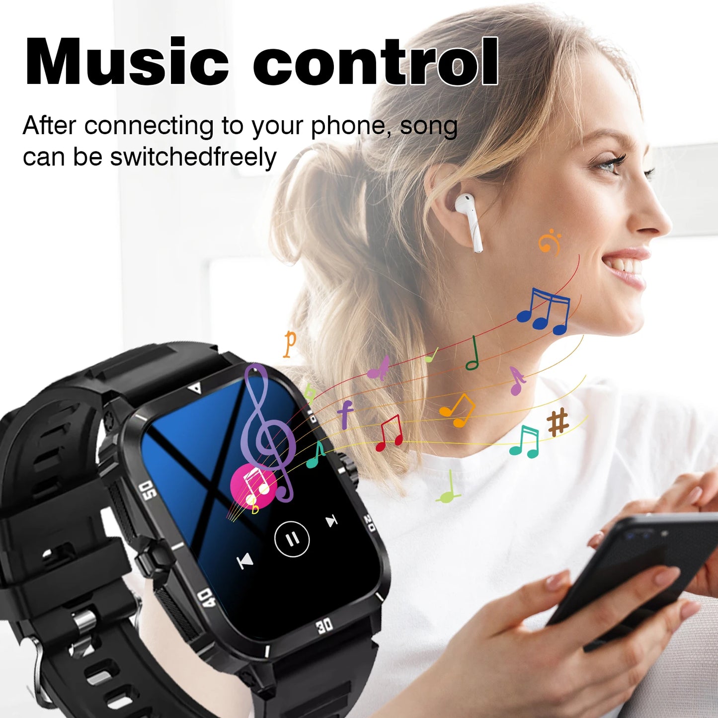 2.01 Inch Full Touch Screen Smart Watch, Wireless Calls, Message Reminders, Weather Forecast, Suitable for iPhone/Android Phones