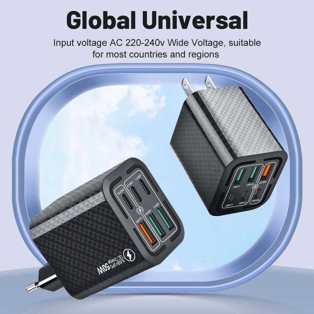 Total 150W USB Charger 6 Ports Type C Fast Mobile Phone Wall EU/US Plug For iPhone 15 Samsung Xiaomi Huawei