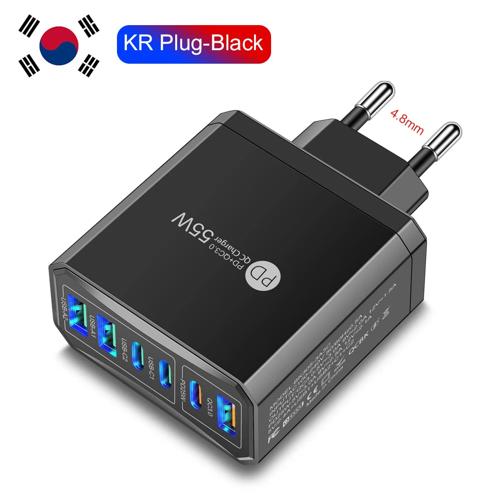55W PD USB Charger 6 Ports Fast Charging Travel For iPhone Samsung Huawei Xiaomi Mobile Phone Quick 3.0