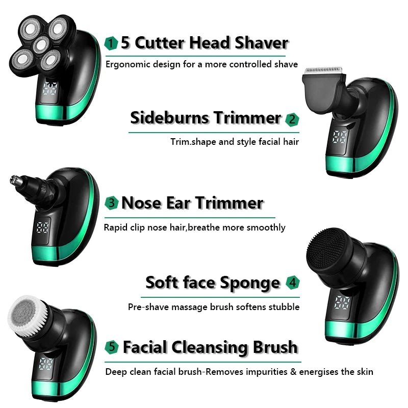 5-in-1 4D Men’s Electric Shaver – Rechargeable Bald Head Trimmer with Floating Heads