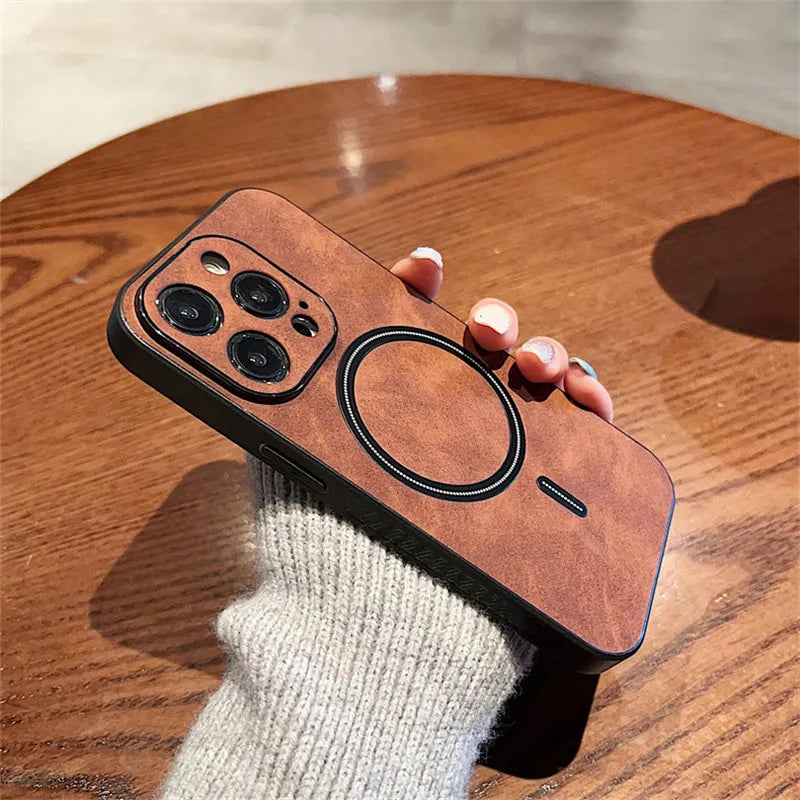 Luxury Wireless Charging Magnetic Cortex Leather Phone Case For iPhone 16 13 12 15 Pro Max 14 Plus 14Pro Shockproof Bumper