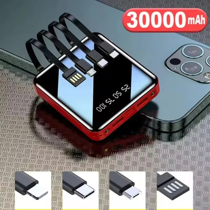 30000mAh Powerbank Mirror Digital Display Screen Built-In Cord Mobile Power Supply Compact External Battery For iphone Samsung