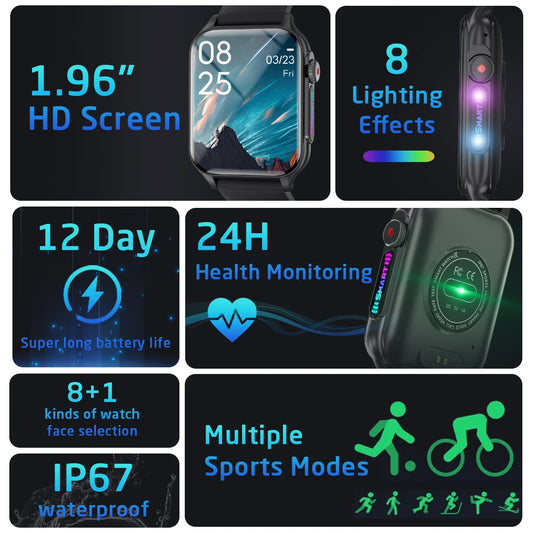 2025 New Smart Watch Men IP67 Outdoor Sports Dazzling Color Breathing Light  Health Monitor 1.96" BT Call P6