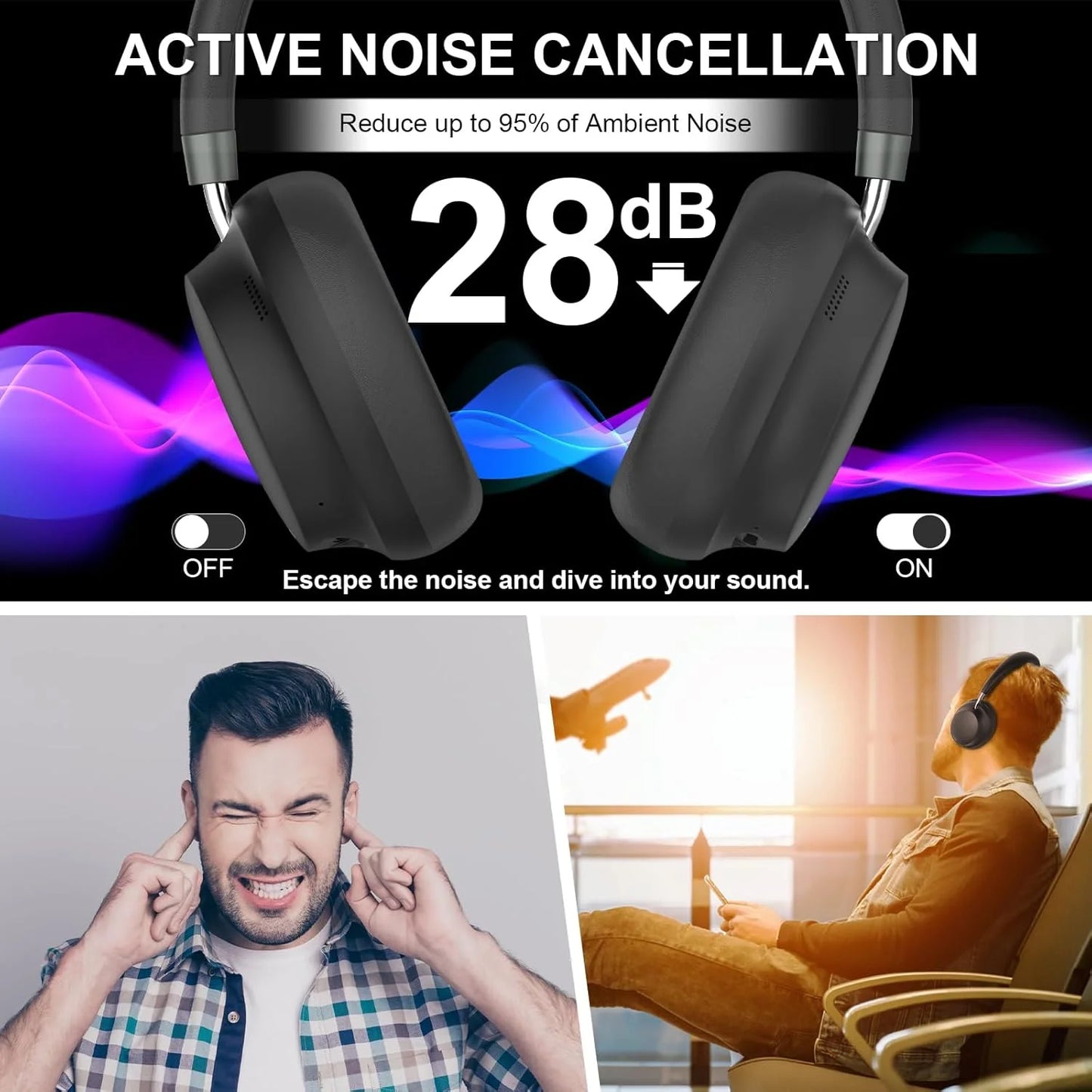 APP T-fun NC45 Bluetooth Active Noise Cancelling Headphones, Comfortable Wireless Over Ear with Mic, Hi-Res Audio,