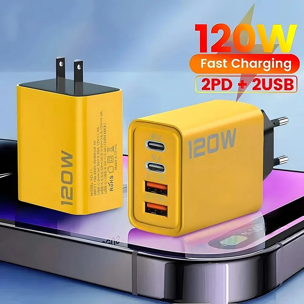 4 Port USB C PD Charger Total 120W Fast Charger Type C Quick 3.0 USB For iPhone Samsung Xiaomi Phone Plug
