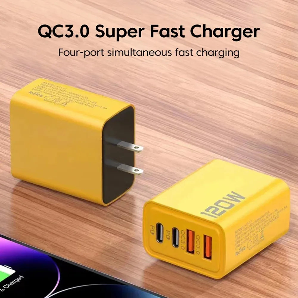 4 Port USB C PD Charger Total 120W Fast Charger Type C Quick 3.0 USB For iPhone Samsung Xiaomi Phone Plug