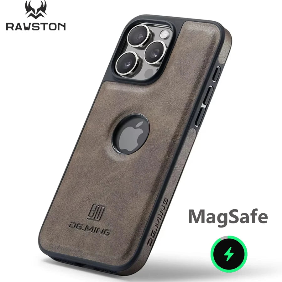 Luxury Strong Magnetic Leather Case for iPhone 16 Pro Max 17 Air 15 14 Plus 13 12 11 Logo View Wireless Macsafe Magsafe