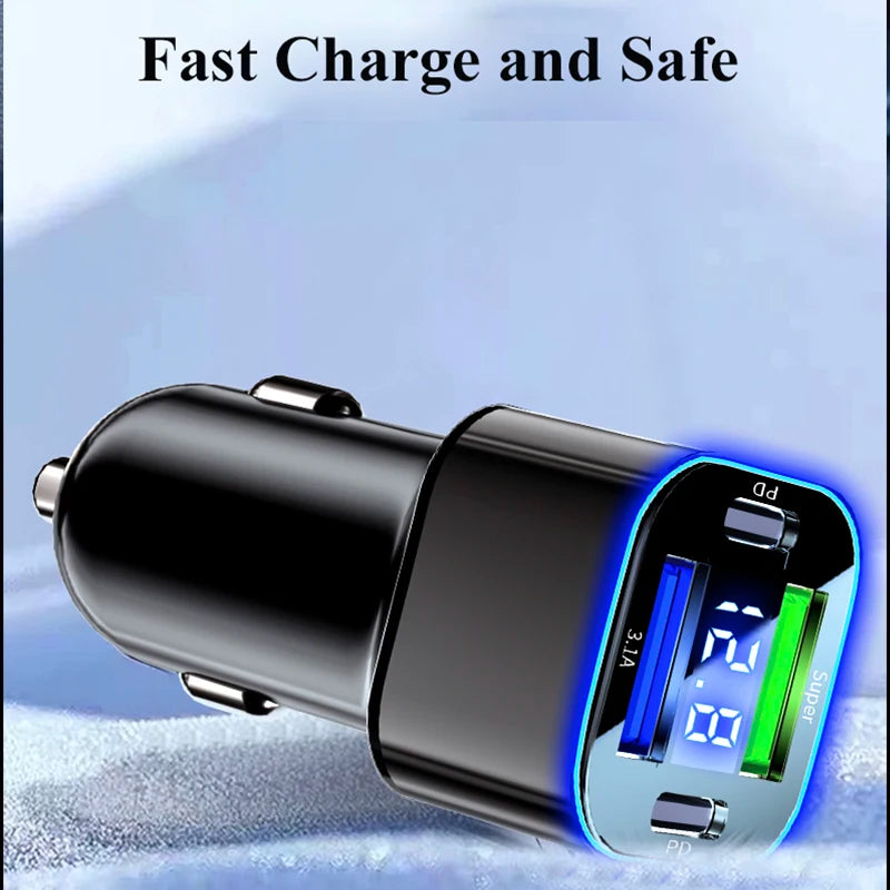 Dual PD 30W USB C Car Charger Adapter 4 in 1 Super Fast Charging for iPhone 15 Pro Max 14 Plus Samsung Huawei Oneplus OPPO Vivo