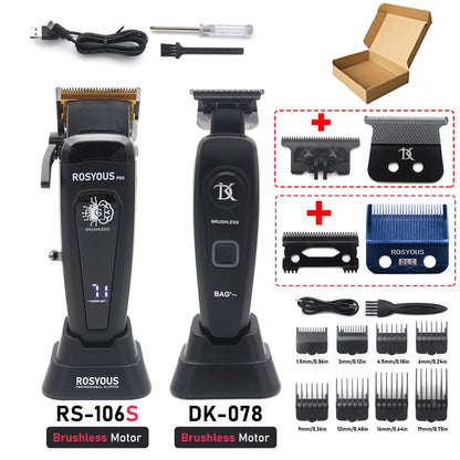 Professional Hair Clipper 106 – Brushless Motor, DLC Blade, LED Display, Base Charger