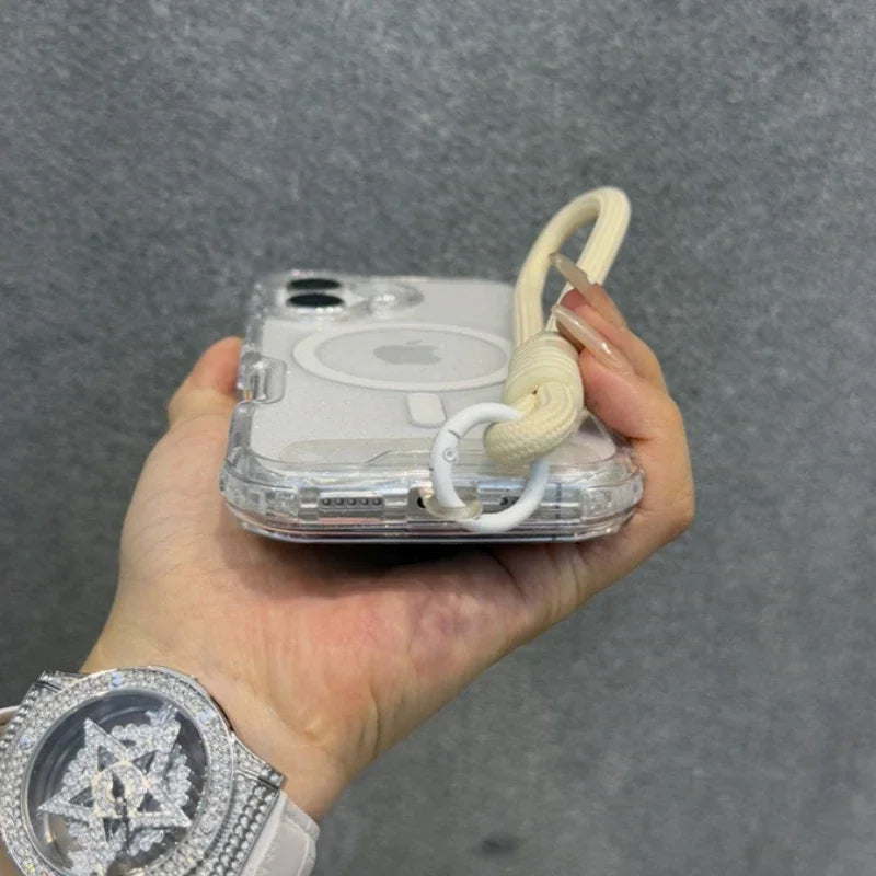 Glitter Transparent Magnetic For Magsafe Case For iPhone 16 15 14 Plus 13 16 Pro Max Wrist Strap Lanyard Shockproof Armor Cover