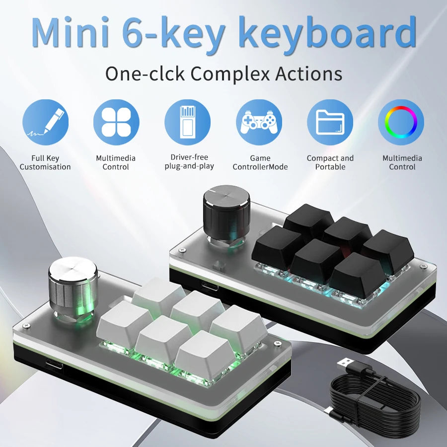6-Key 1-Knob RGB Macro Pad – USB Mini Mechanical Keyboard for Photoshop & Gaming
