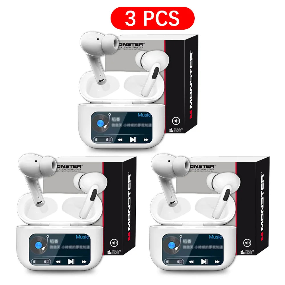 MONSTER Wireless Bluetooth 5.3 Earphones LCD Touch Screen Headphones ANC Noise Reduction Headset Built In HD Mic  Music Earbuds