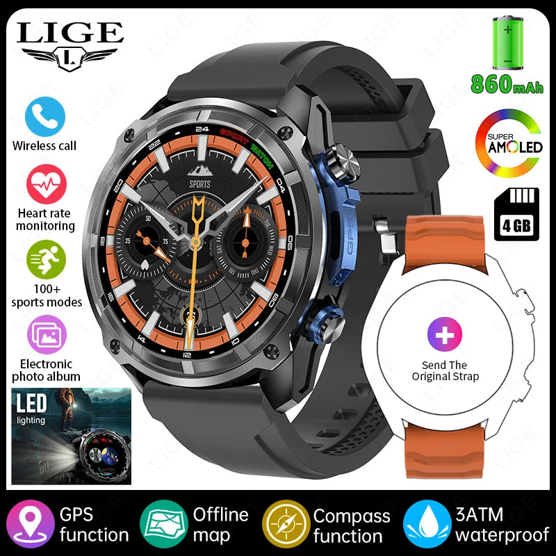 LIGE GPS Offline Map Smart Watch 860mAh Outdoor Sports Compass Altimeter 4GB Memory AMOLED Voice Call 3ATM Men Bracelets