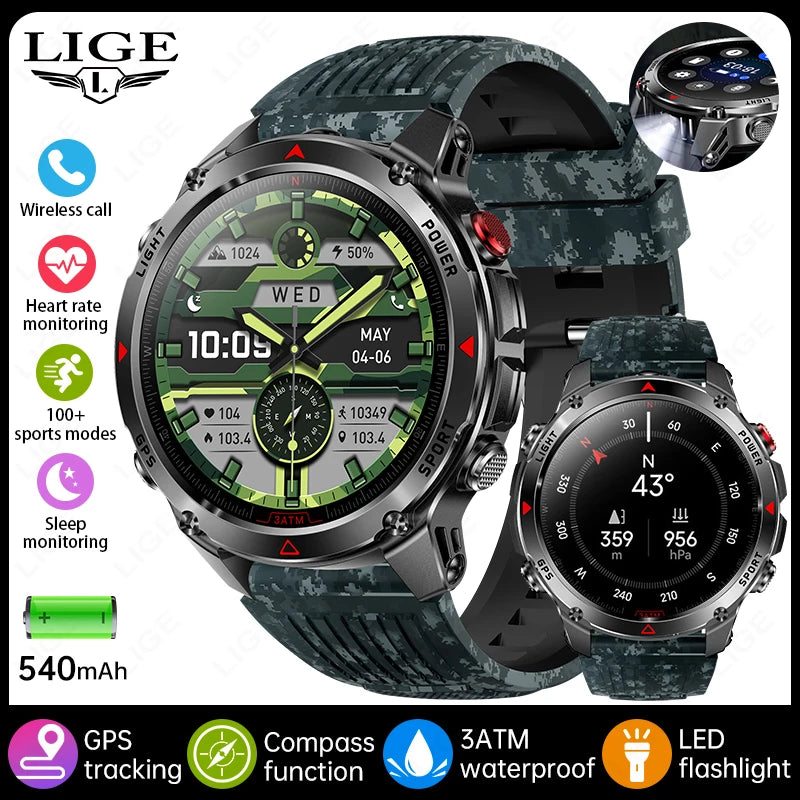 LIGE 2025 New Professional GPS Track Sports Smartwatch Outdoor RIDE Run Compass Altimeter 3ATM Fitness Bracelets 540mAh