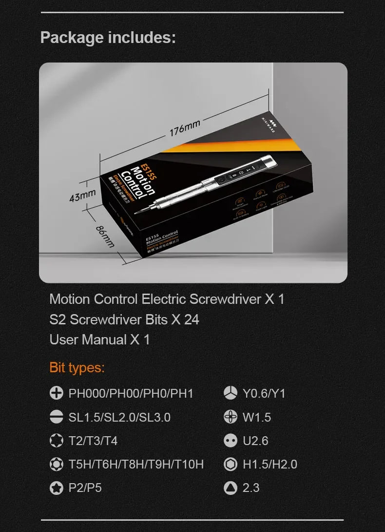 MINIWARE ES15S intelligent Motion Control Electric Screwdriver USB Chargeable Cordless  24pcs 4mm Bit Set LED lights