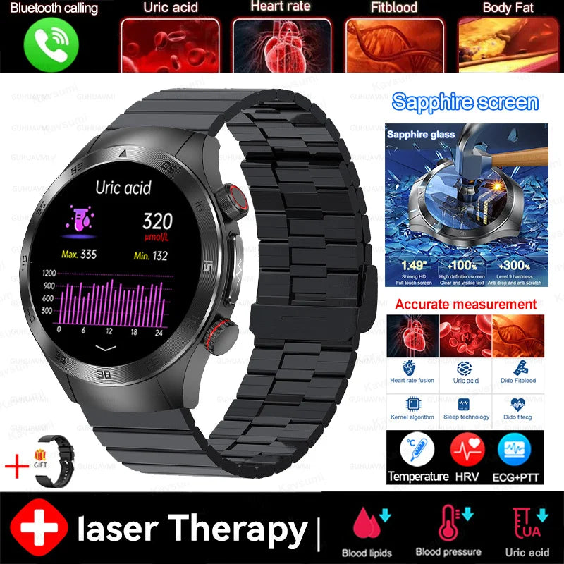 2025 New Non-Invasive Laser Treatment Three High Smart Watch Sapphire screen Blood fat Uric Acid ECG Health Diagnosis