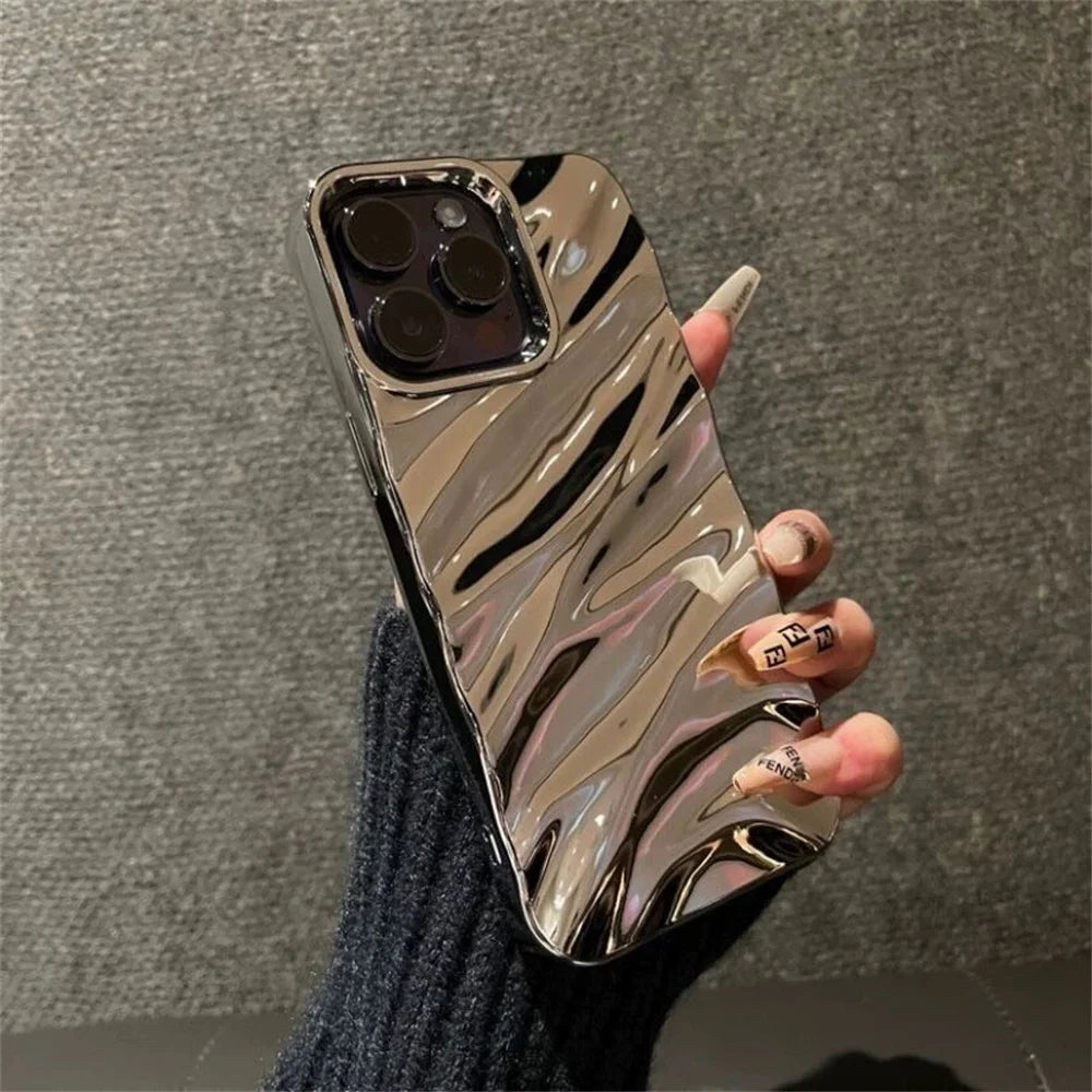 Luxury Plating 3D Wave Pattern Glossy Case For iPhone 16 15 14 13 12 11 17 Pro Max X XS Max XR Plus Fashion Bright Bumper