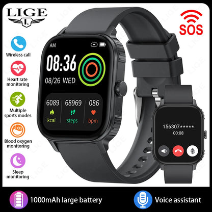 LIGE 2.04" HD Display 2025 New 1000mAh Large Battery Smart Watch Bluetooth Call Health Monitor IP68 Waterproof Sport