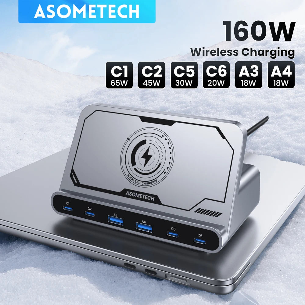 ASOMETECH 160W USB FastCharging Station 7 in 1 Wireless65W 45W PPS PD Type C  For Macbook iPad iPhone 16 Samsung