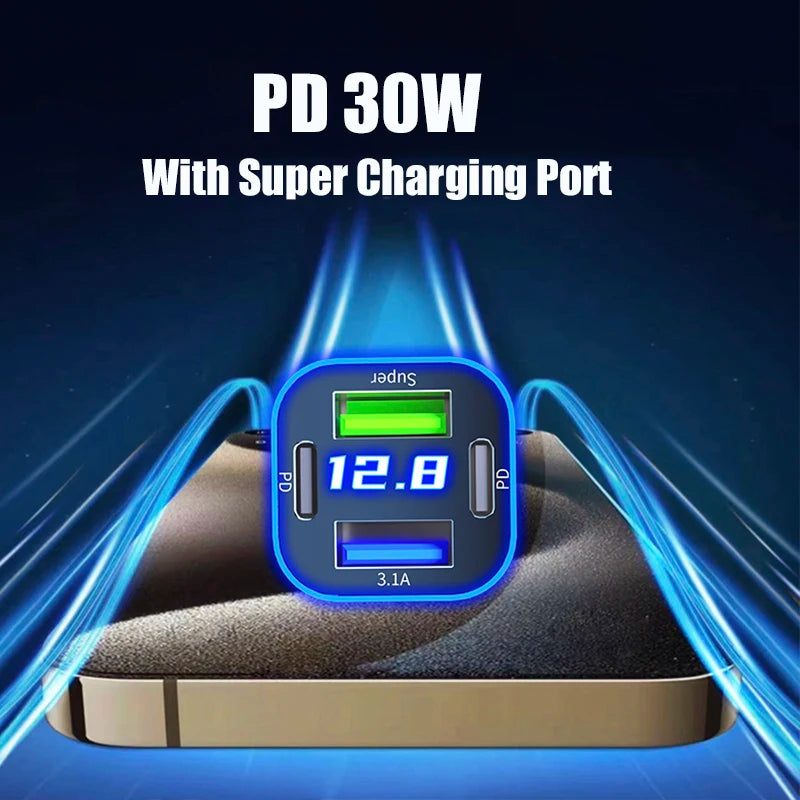 Dual PD 30W USB C Car Charger Adapter 4 in 1 Super Fast Charging for iPhone 15 Pro Max 14 Plus Samsung Huawei Oneplus OPPO Vivo