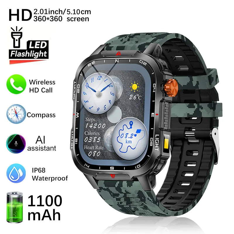 Fanwear men's smart watch Bluetooth call 1100mAh battery 100 days standby time 2.01 inch screen IP68